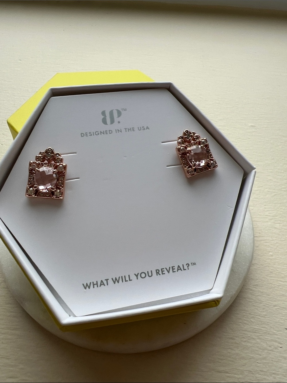 Rose Gold Pink Crystal Square Stud Earrings by Unknown Brand